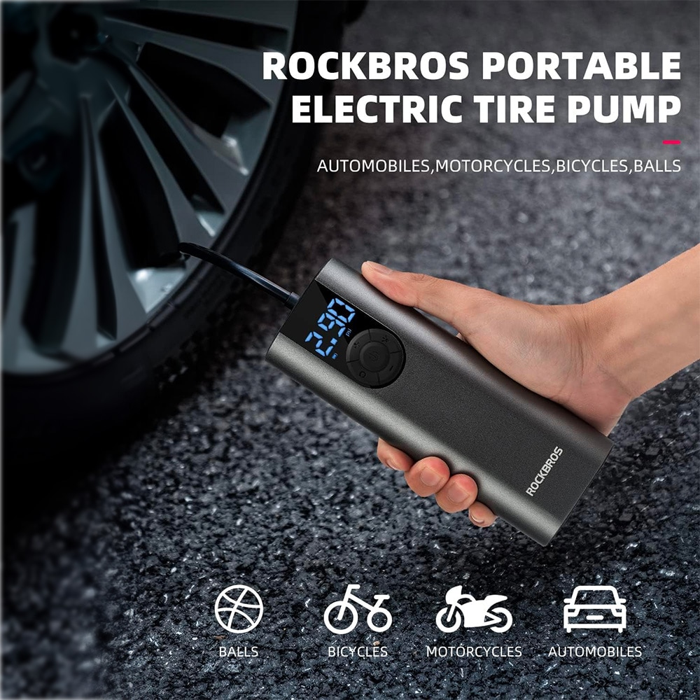 Rockbros 42720001001 Sähköinen pyöräpumppu LED-näytöllä + USB-C - USB-A kaapeli - musta