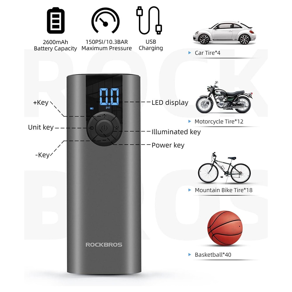 Rockbros 42720001001 Sähköinen pyöräpumppu LED-näytöllä + USB-C - USB-A kaapeli - musta