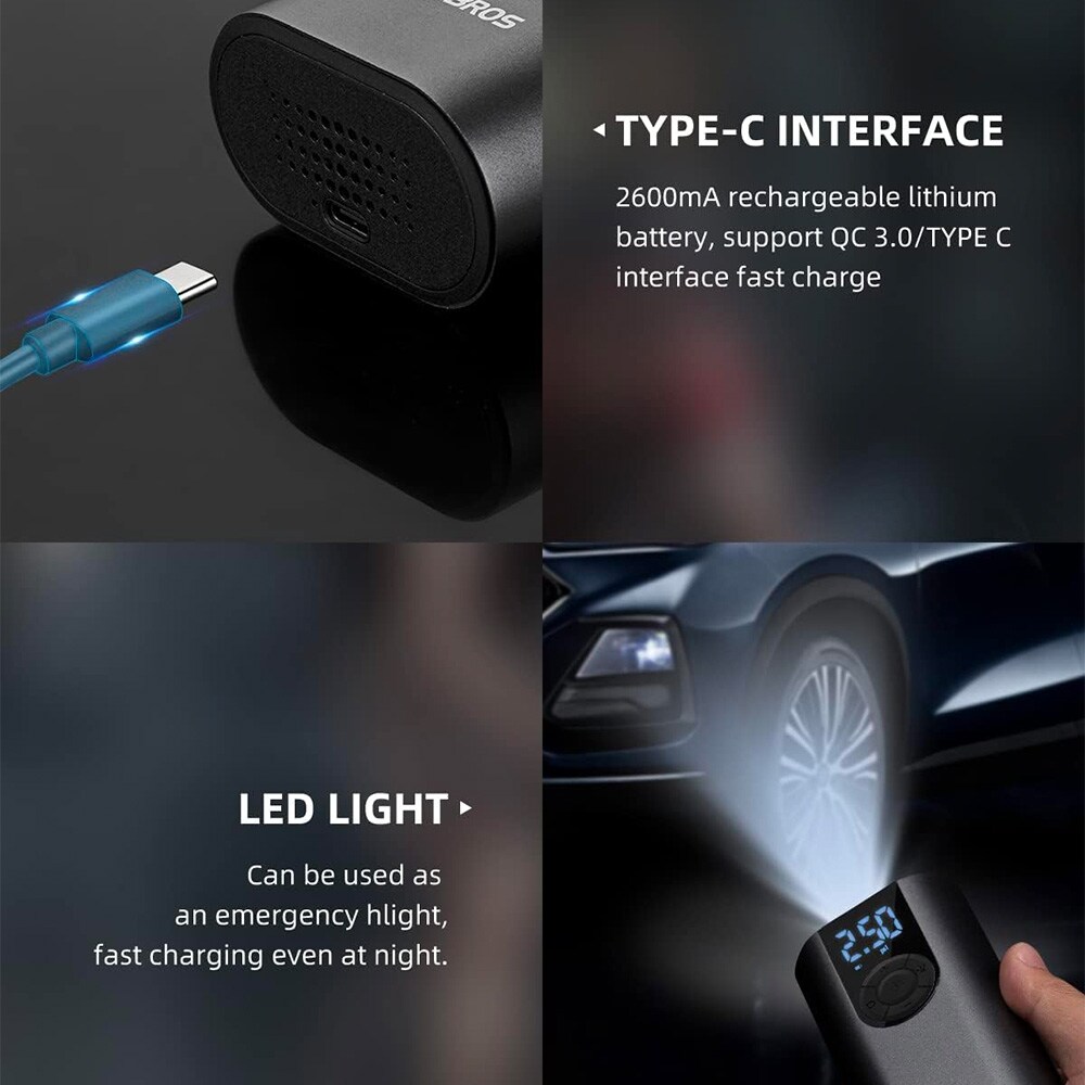 Rockbros 42720001001 Sähköinen pyöräpumppu LED-näytöllä + USB-C - USB-A kaapeli - musta