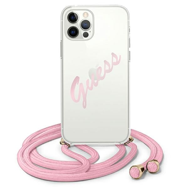 Guess GUHCP12MCRTVSPI iPhone 12/12 Pro 6.1" vaaleanpunainen kovakotelo Script Vintage