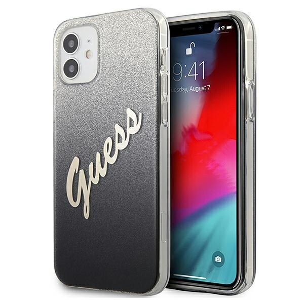 Guess GUHCP12SPCUGLSBK iPhone 12 mini 5.4" musta/musta kovakotelo Glitter Gradient Script