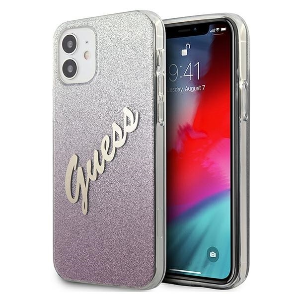 Guess iPhone 12 mini 5.4" Glitter Gradient Script hard case - vaaleanpunainen/vaaleanpunainen