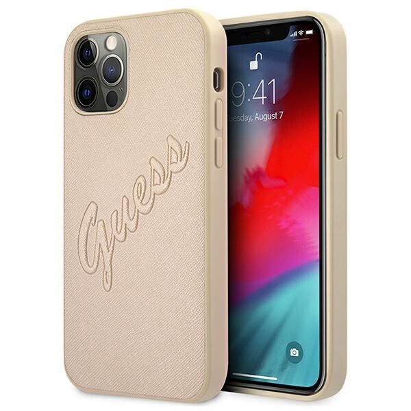 Guess GUHCP12LRSAVSLG iPhone 12 Pro Max 6.7" kultainen Saffiano Vintage Script kotelo