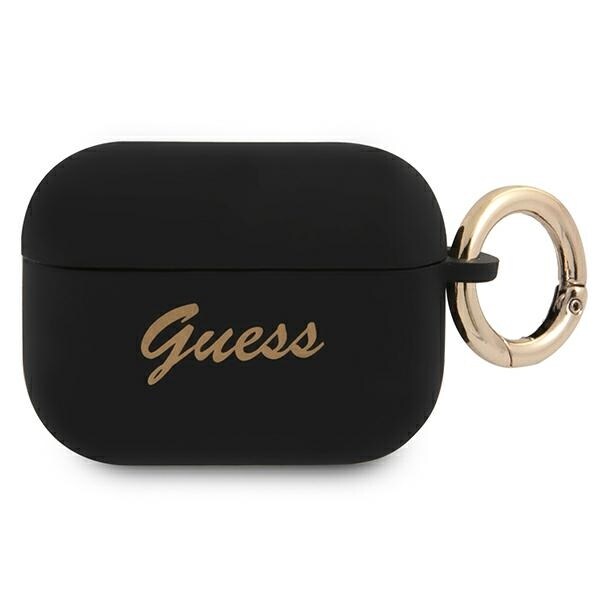 Guess GUAPSSSK AirPods Pro -suojus musta/musta Silikoni Vintage Script -viinikirjoitus