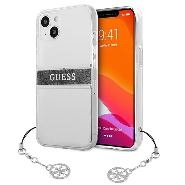 Guess GUHCP13SKB4GGR iPhone 13 mini 5.4" läpinäkyvä kovakotelo 4G harmaa hihna Charmi
