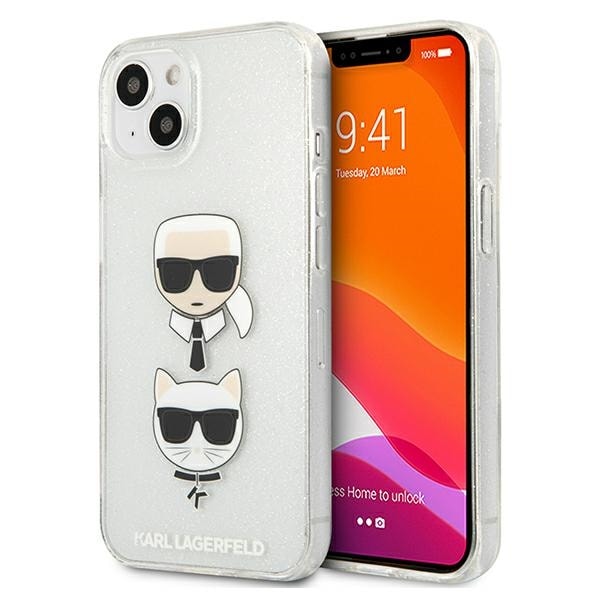 Karl Lagerfeld Glitter Karl's & Choupette Head tapauksessa iPhone 13 mini - hopea