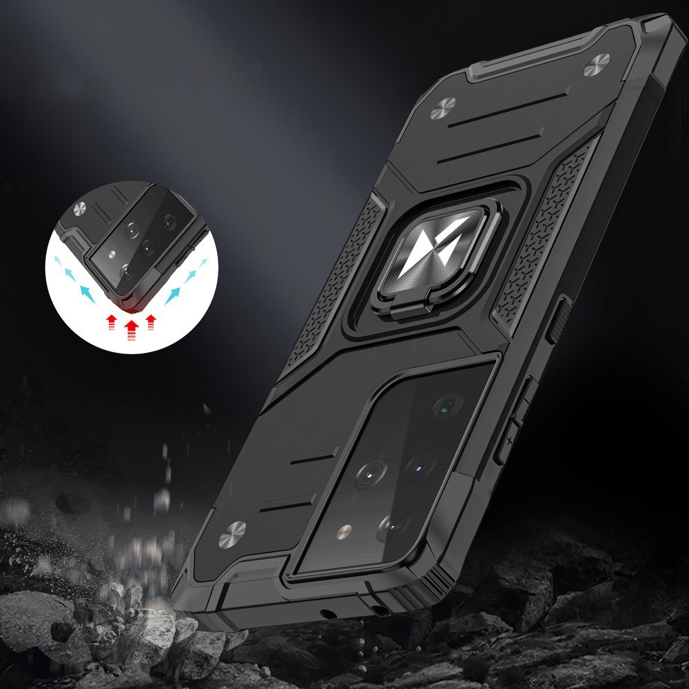 Wozinsky Ring Armor hybrid kotelo + magneettinen pidike Samsung Galaxy S22 Ultra hopea