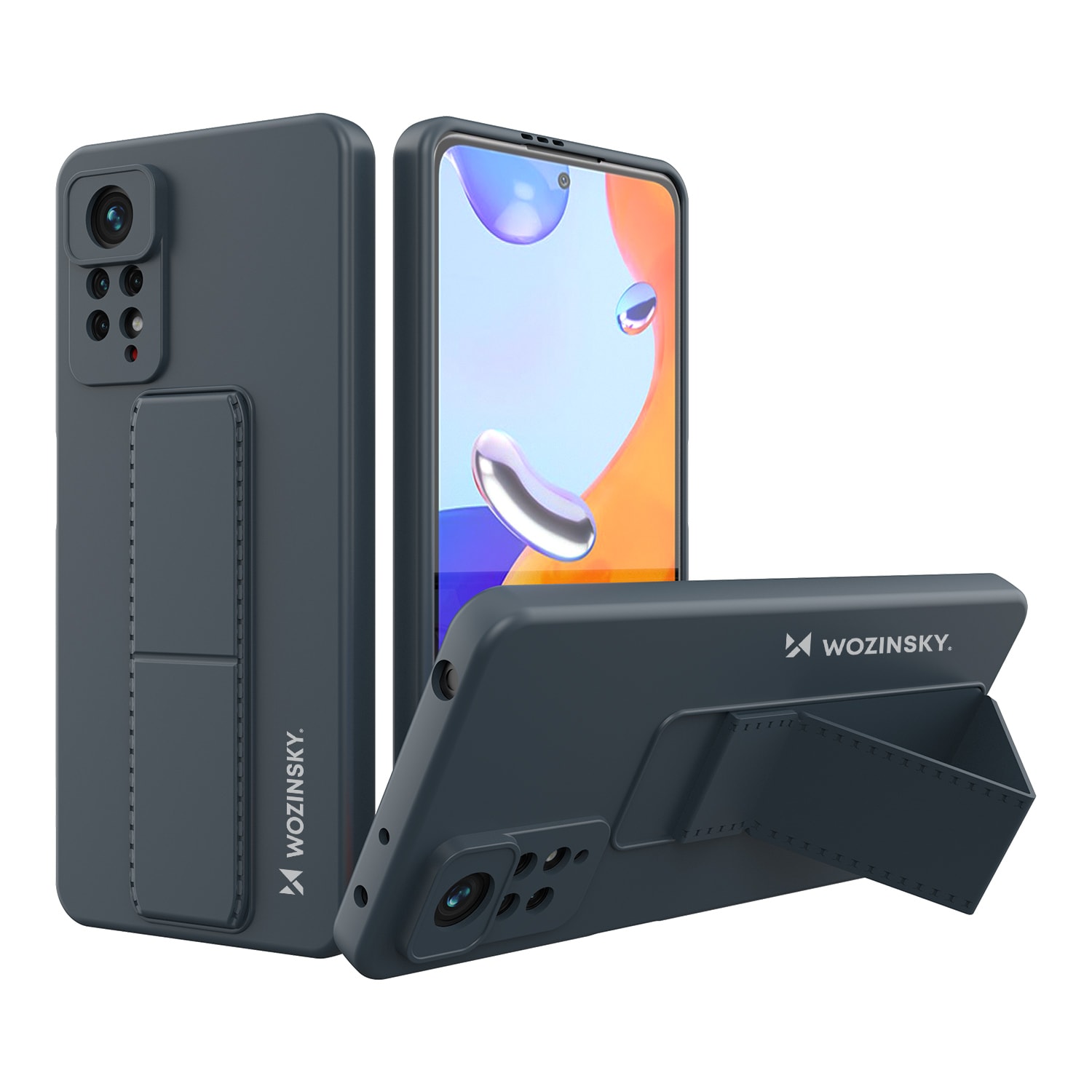 Wozinsky Kickstand Case silikonitapaus jalustalla Xiaomi Redmi Note 11 Pro laivastonsininen