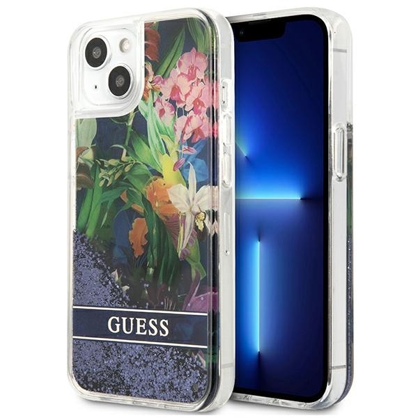 Guess GUHCP13SLFLSB iPhone 13 mini 5.4" sininen kovakotelo Kukka Kimallusöljy