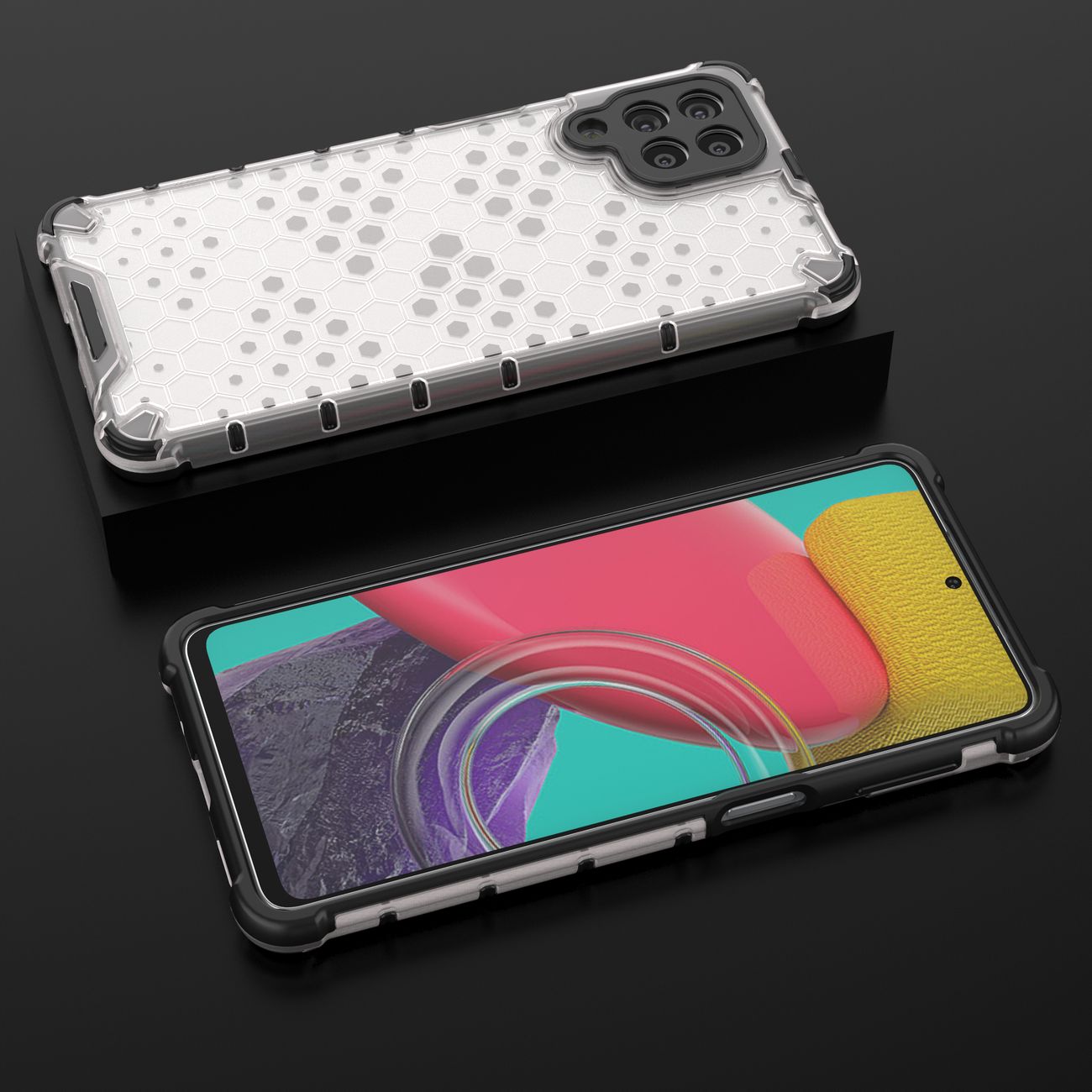 Honeycomb tapauksessa panssaroitu kansi geelirunko Samsung Galaxy M53 5G läpinäkyvää varten
