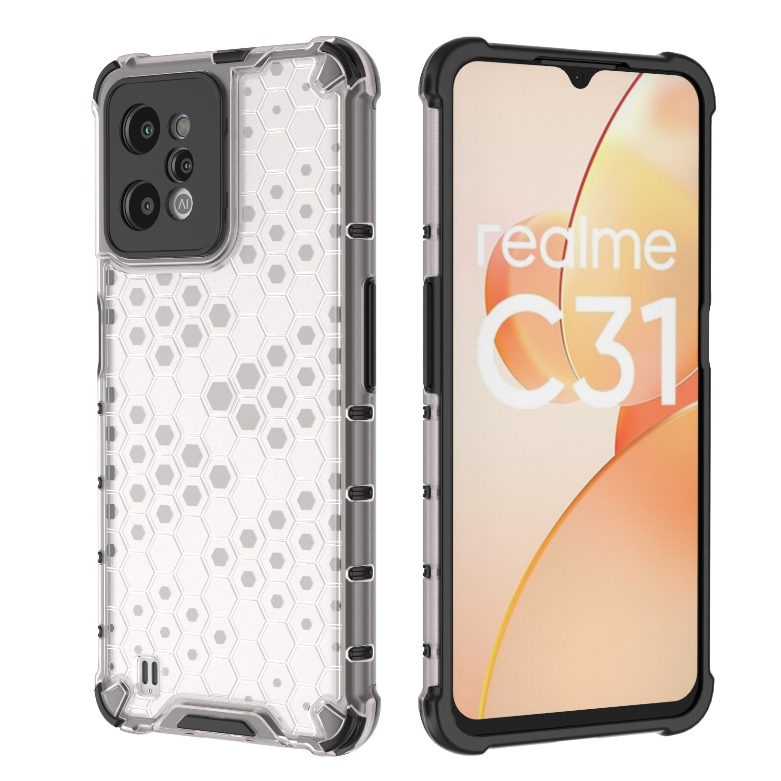 Honeycomb-kotelo panssaroitu kansi, jossa on geelikehys Realme C31 läpinäkyvä