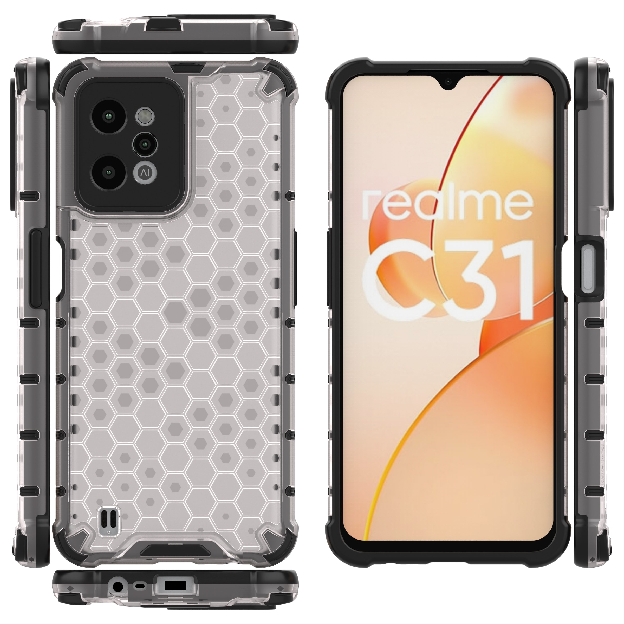 Honeycomb-kotelo panssaroitu kansi, jossa on geelikehys Realme C31 läpinäkyvä