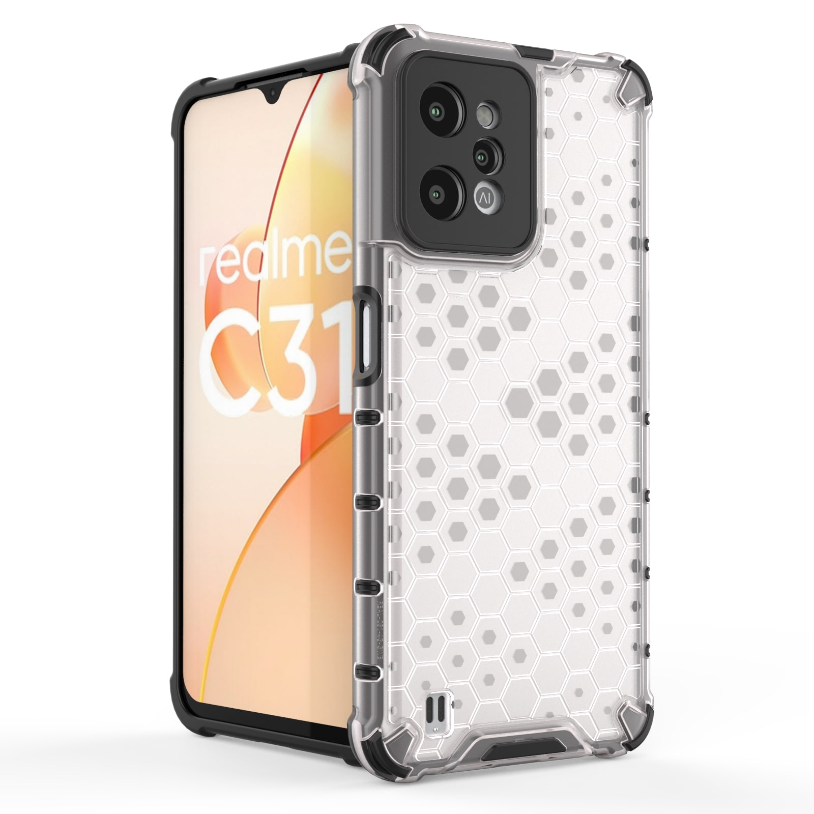 Honeycomb-kotelo panssaroitu kansi, jossa on geelikehys Realme C31 läpinäkyvä