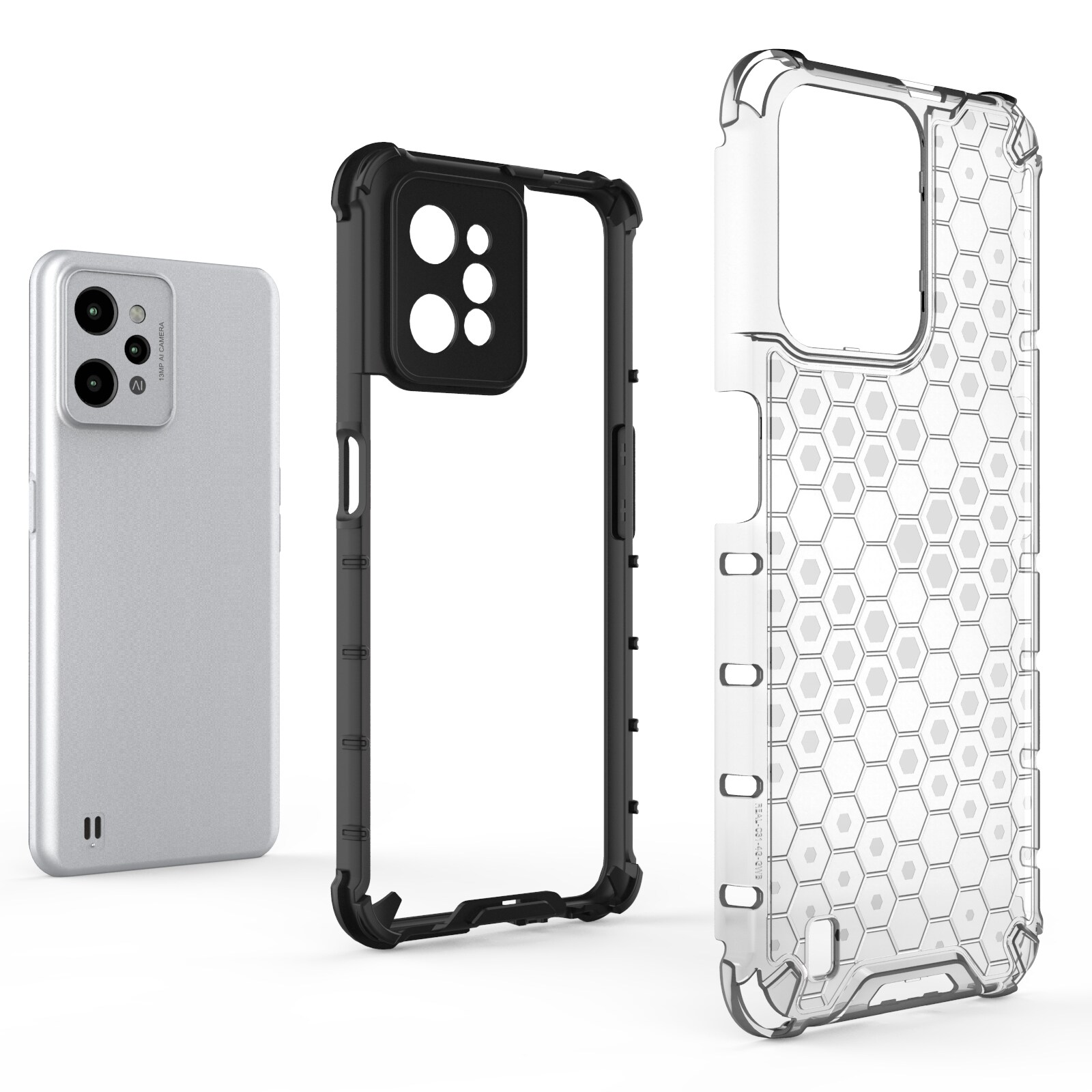 Honeycomb-kotelo panssaroitu kansi, jossa on geelikehys Realme C31 läpinäkyvä