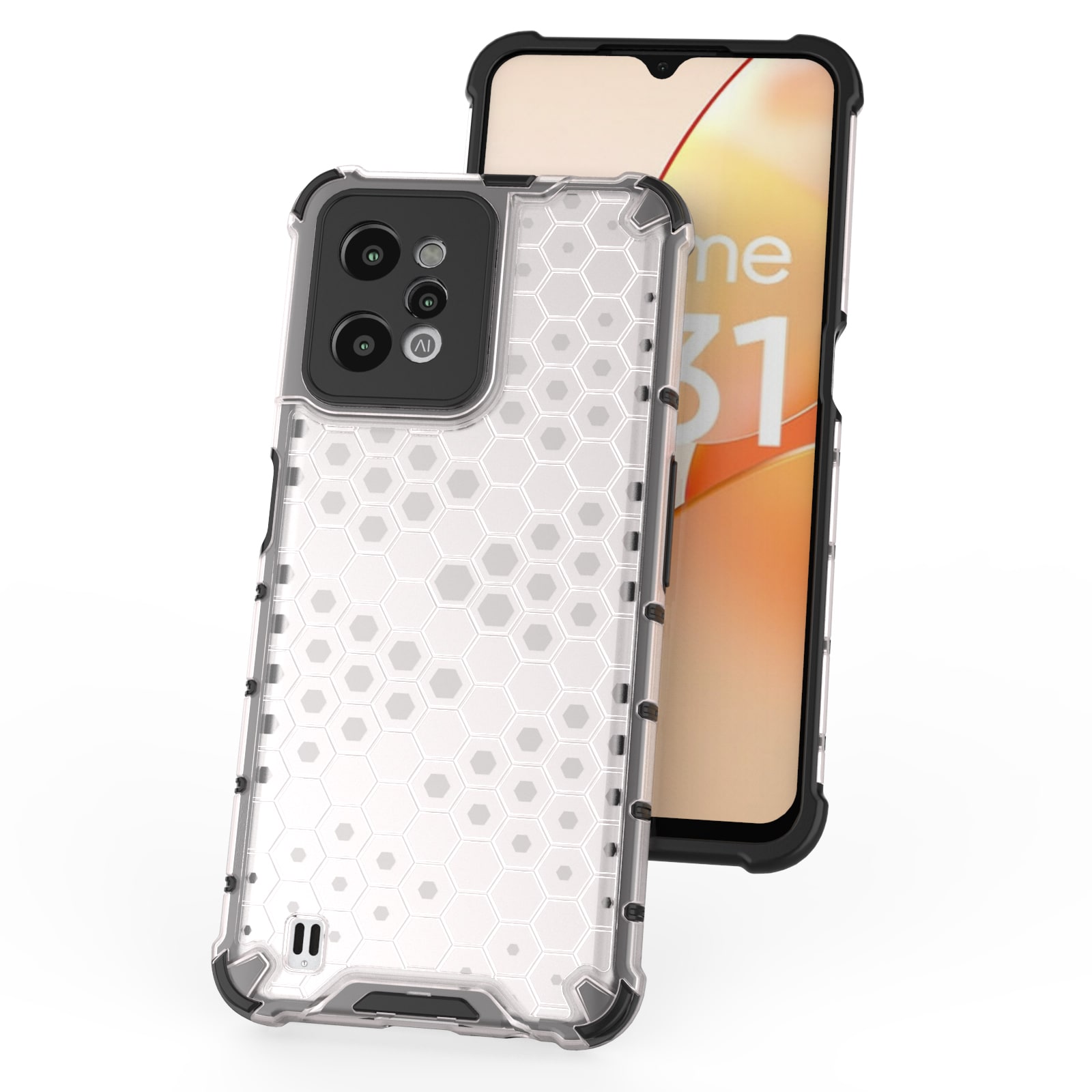 Honeycomb-kotelo panssaroitu kansi, jossa on geelikehys Realme C31 läpinäkyvä