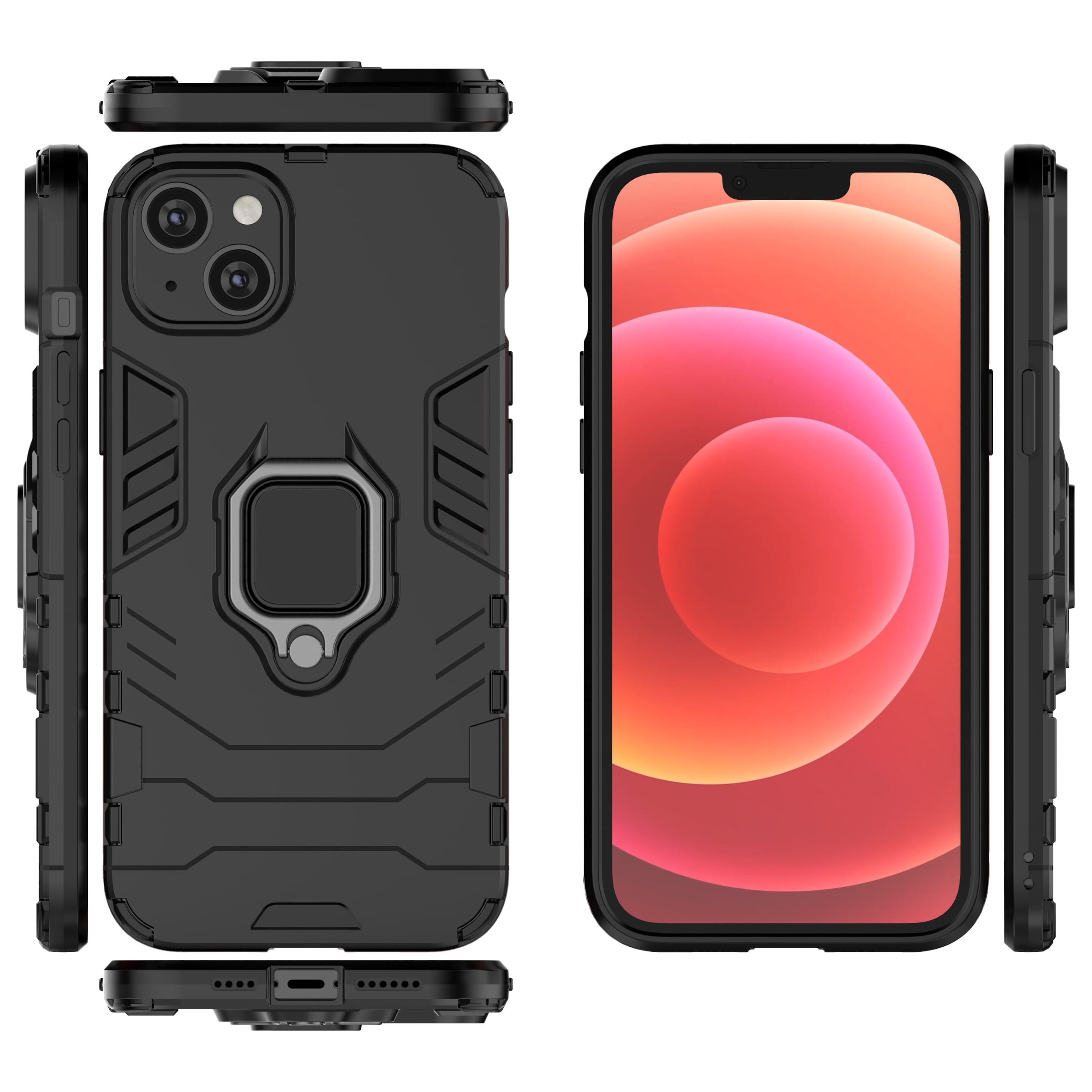 Ring Armor tapauksessa iPhone 14 Plus panssaroitu kansi magneettinen haltija rengas musta
