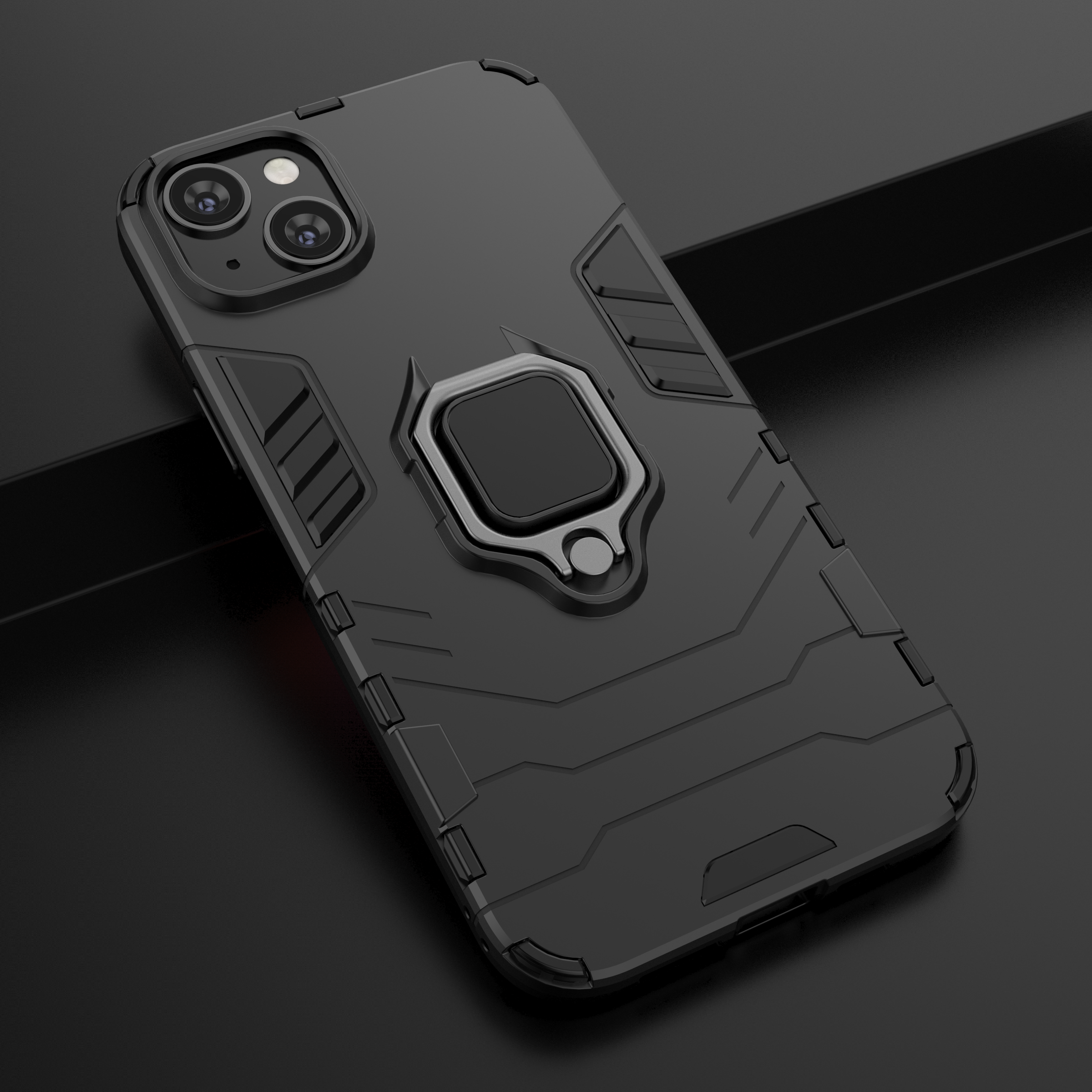 Ring Armor tapauksessa iPhone 14 Plus panssaroitu kansi magneettinen haltija rengas musta