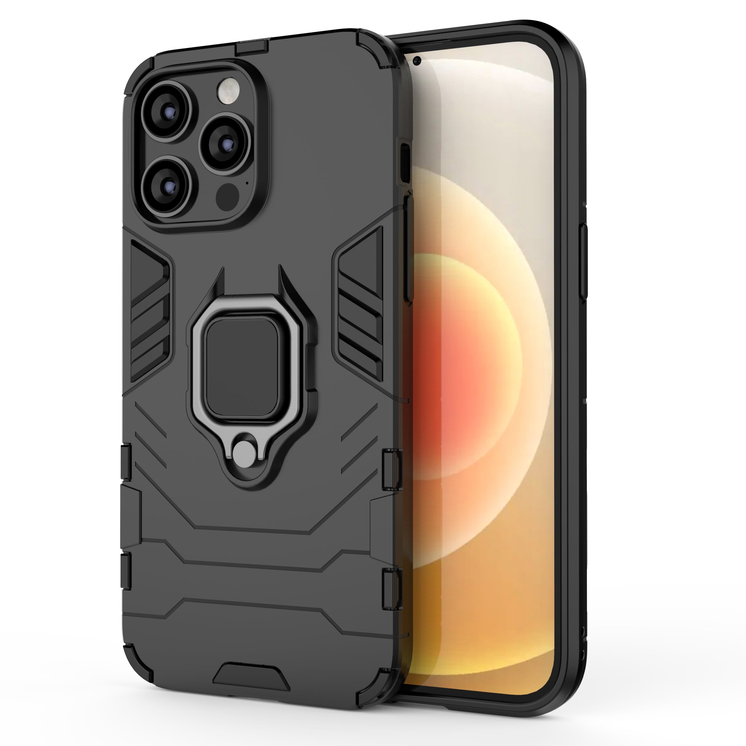 Ring Armor tapauksessa iPhone 14 Pro Max panssaroitu kansi magneettinen haltija rengas musta