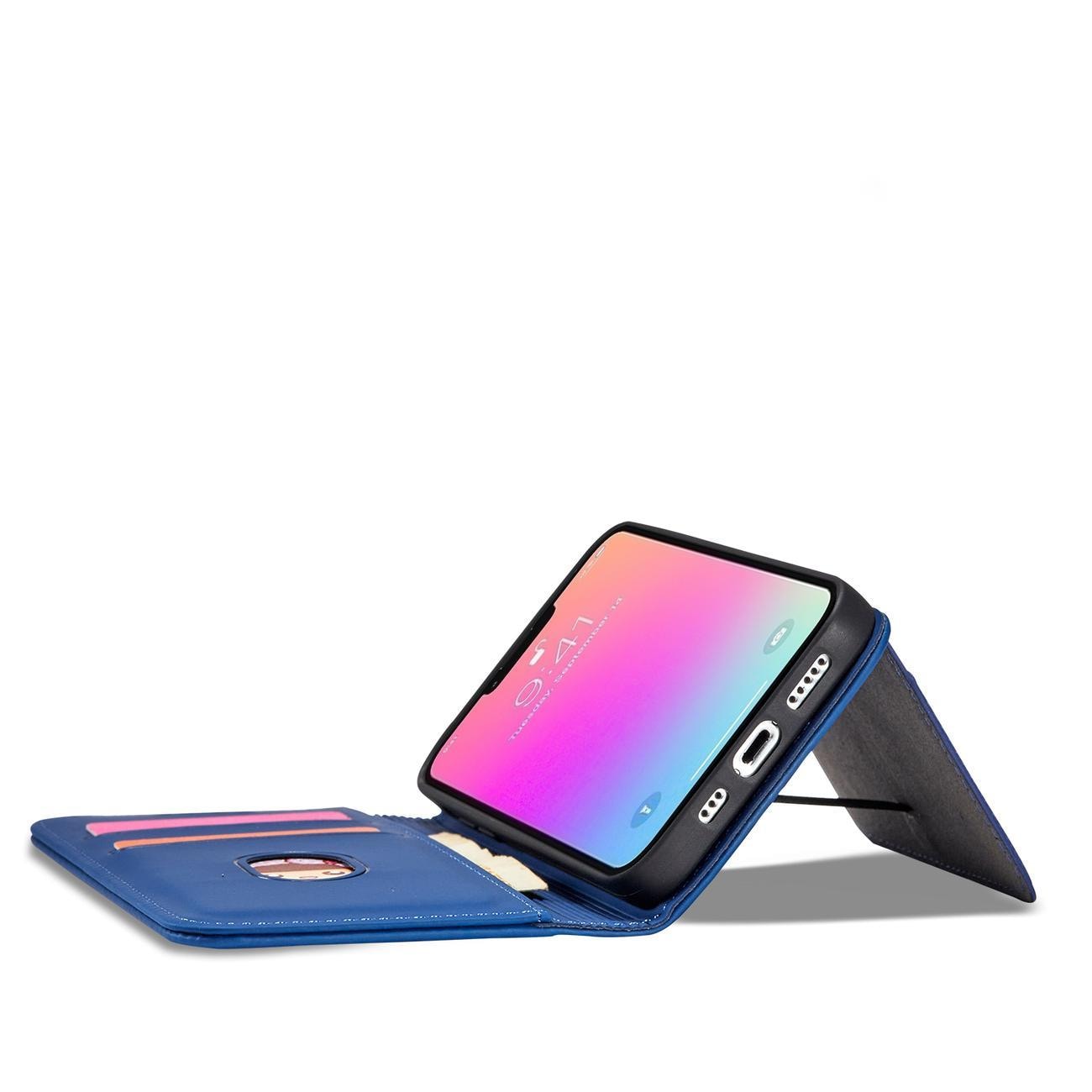 Magnet Korttikotelo tapauksessa iPhone 14 Plus flip kansi lompakko jalusta sininen