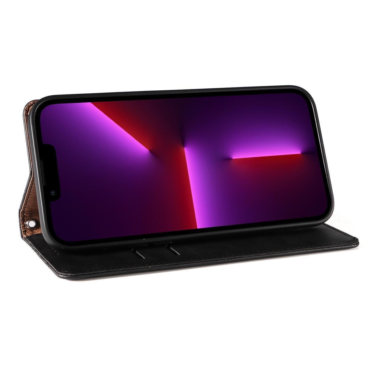 Magnet Hihna Kotelo iPhone 14 Flip Lompakko Mini Lanyard Stand Musta