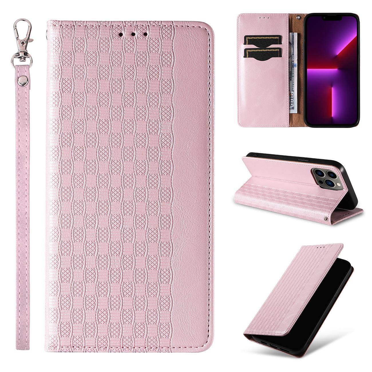 Magnet Hihna Kotelo Kotelo iPhone 14 Plus Flip Lompakko Mini Lanyard Stand Pinkki