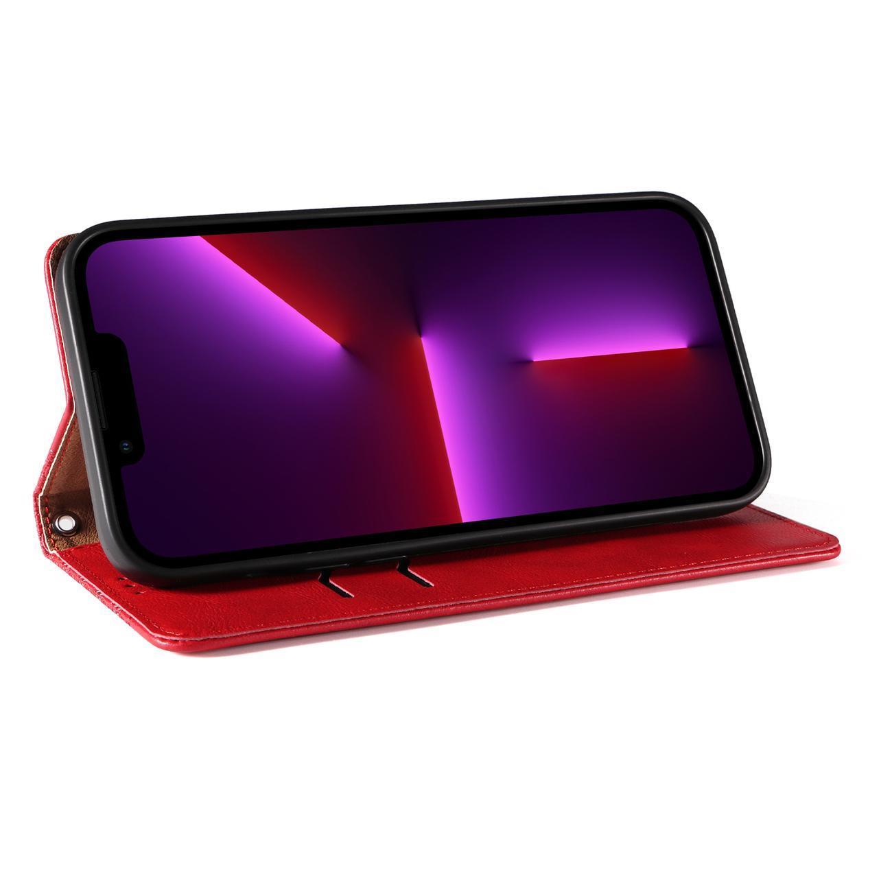 Magnet Hihna Kotelo Kotelo iPhone 14 Pro Max Flip Lompakko Mini Lanyard Stand Punainen