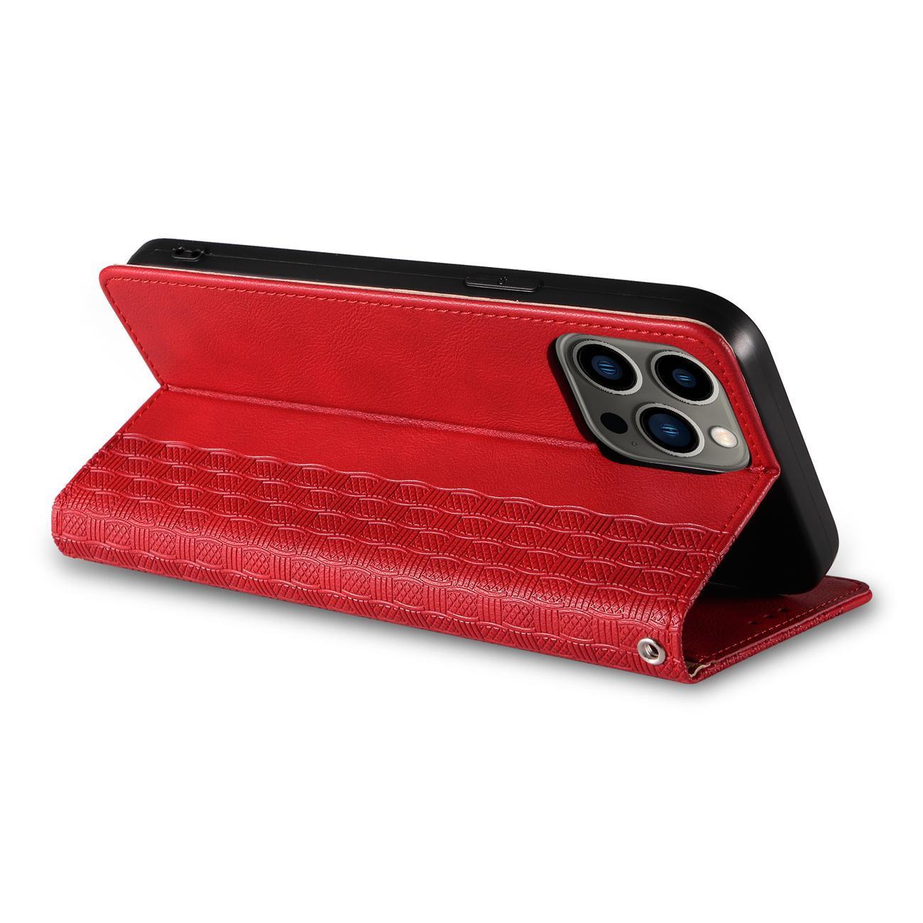 Magnet Hihna Kotelo Kotelo iPhone 14 Pro Max Flip Lompakko Mini Lanyard Stand Punainen