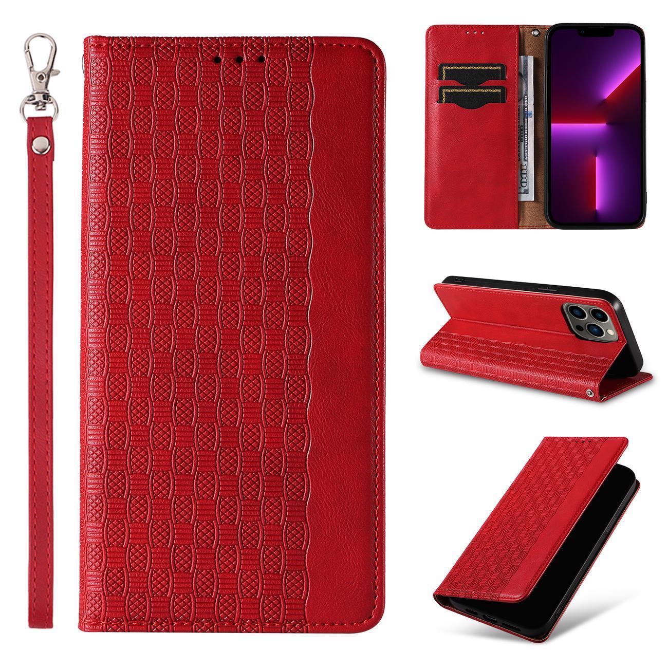 Magnet Hihna Kotelo Kotelo iPhone 14 Pro Max Flip Lompakko Mini Lanyard Stand Punainen