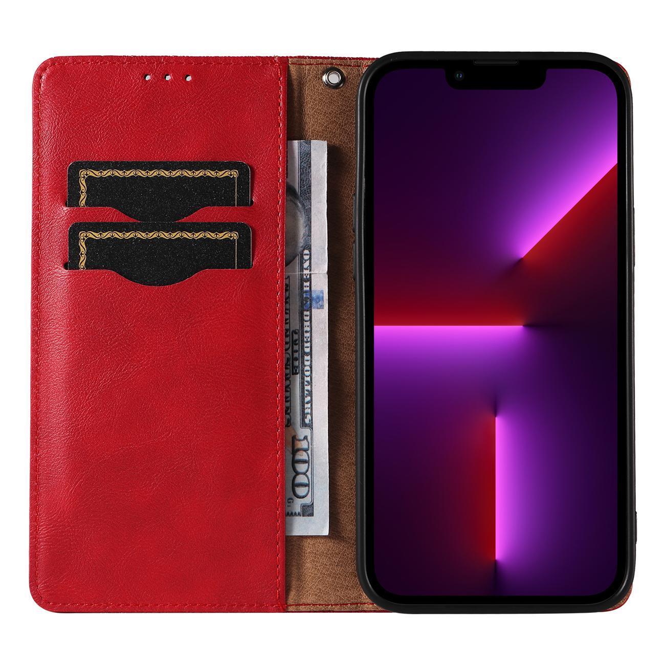 Magnet Hihna Kotelo Kotelo iPhone 14 Pro Max Flip Lompakko Mini Lanyard Stand Punainen