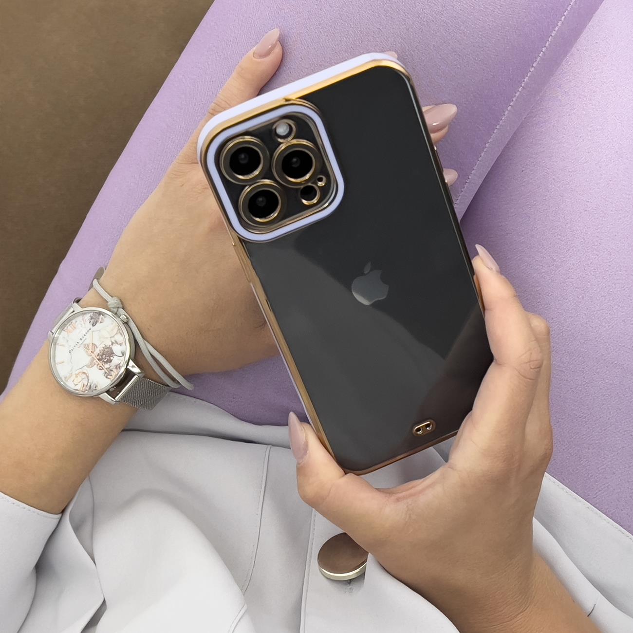 Muoti Kotelo iPhone 12 Pro Gold Frame Gel Cover Purppura