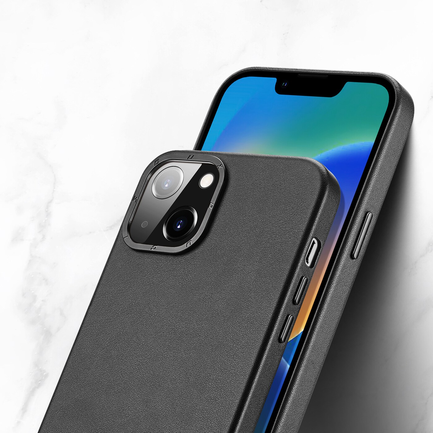 Dux Ducis Grit Leather Case for iPhone 14 Plus, Faux Leather Cover (MagSafe compatible) Black