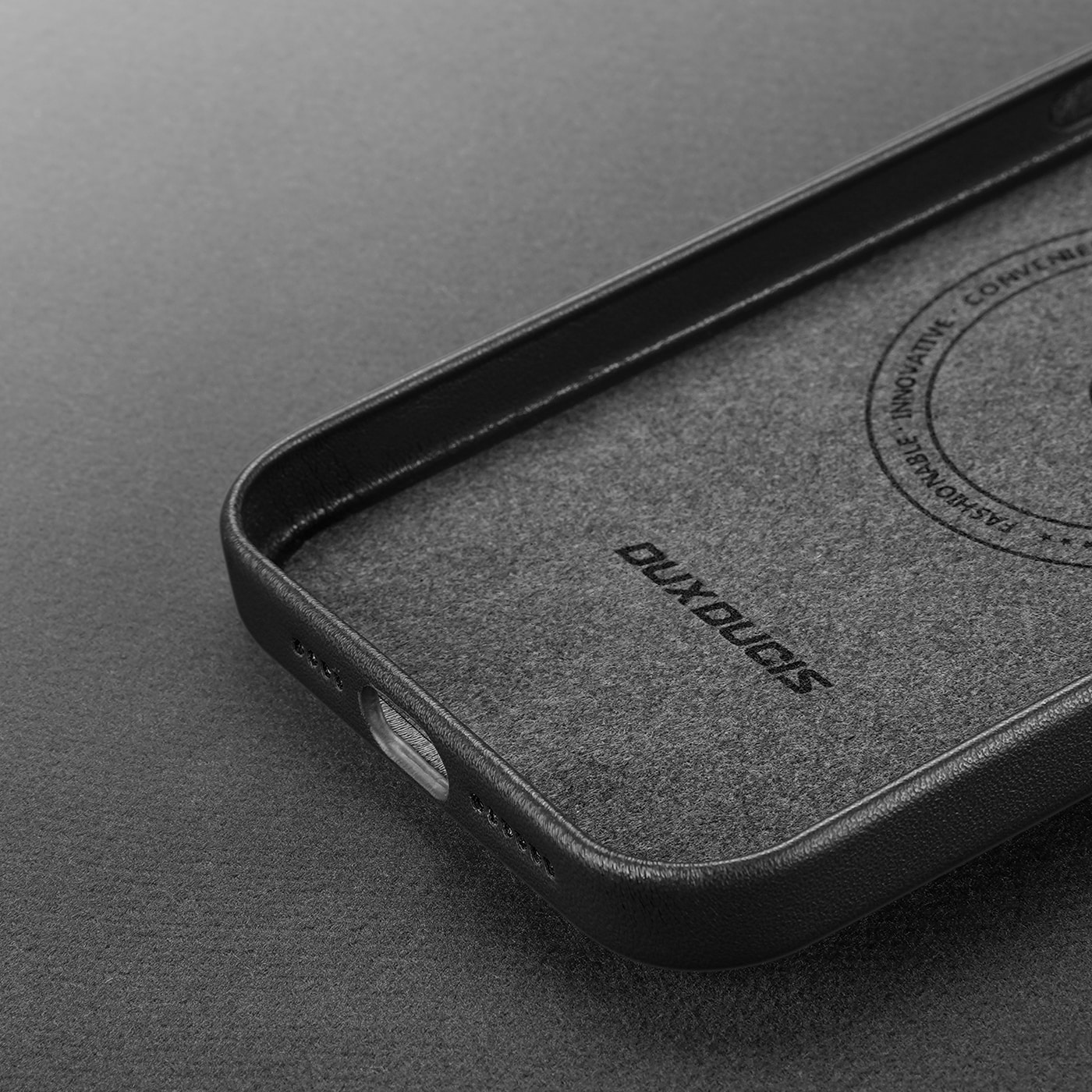Dux Ducis Grit Leather Case for iPhone 14 Plus, Faux Leather Cover (MagSafe compatible) Black