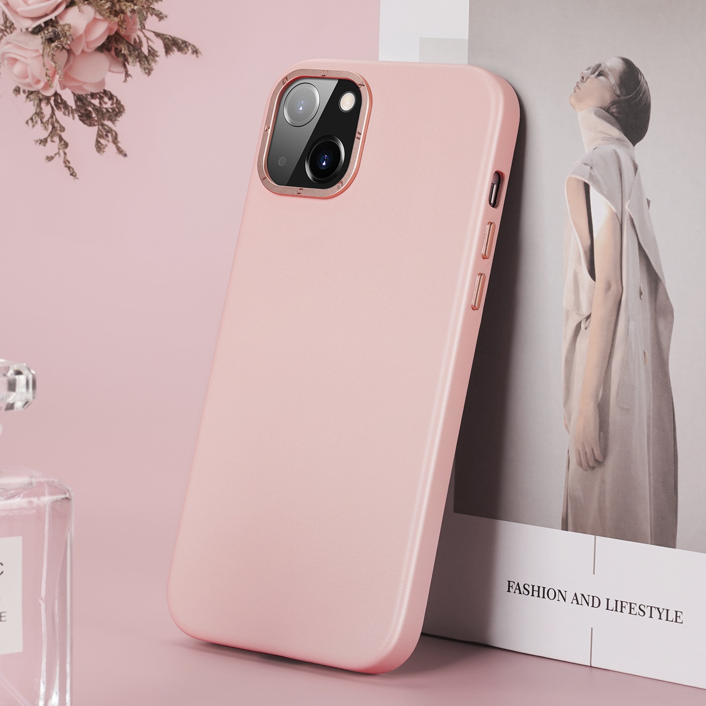 Dux Ducis Grit Leather Case for iPhone 14 Plus, Elegant Faux Leather Cover (MagSafe) - Pink