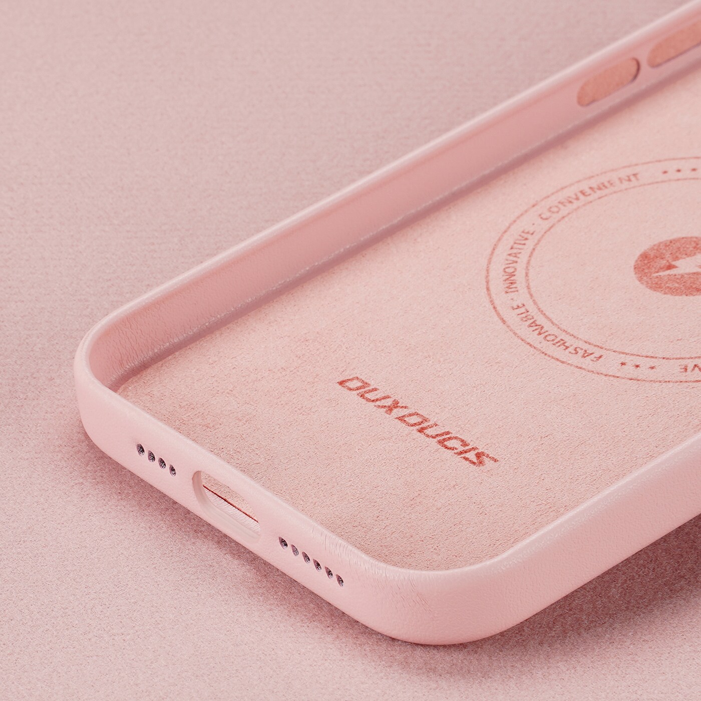 Dux Ducis Grit Leather Case for iPhone 14 Plus, Elegant Faux Leather Cover (MagSafe) - Pink