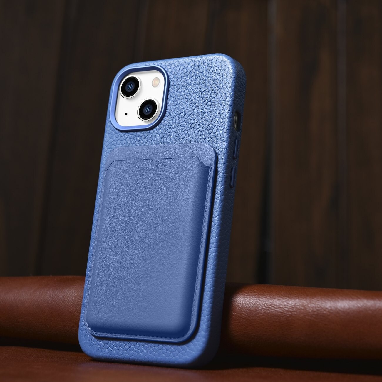 iCarer Litchi Premium Nahkakotelo iPhone 14 Plus Magneettinen MagSafe vaaleansininen