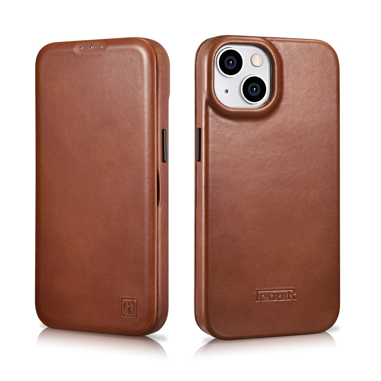 iCarer CE Öljyvaha Premium Nahka Folio Case iPhone 14 Plus magneettisella flipillä MagSafe ruskea