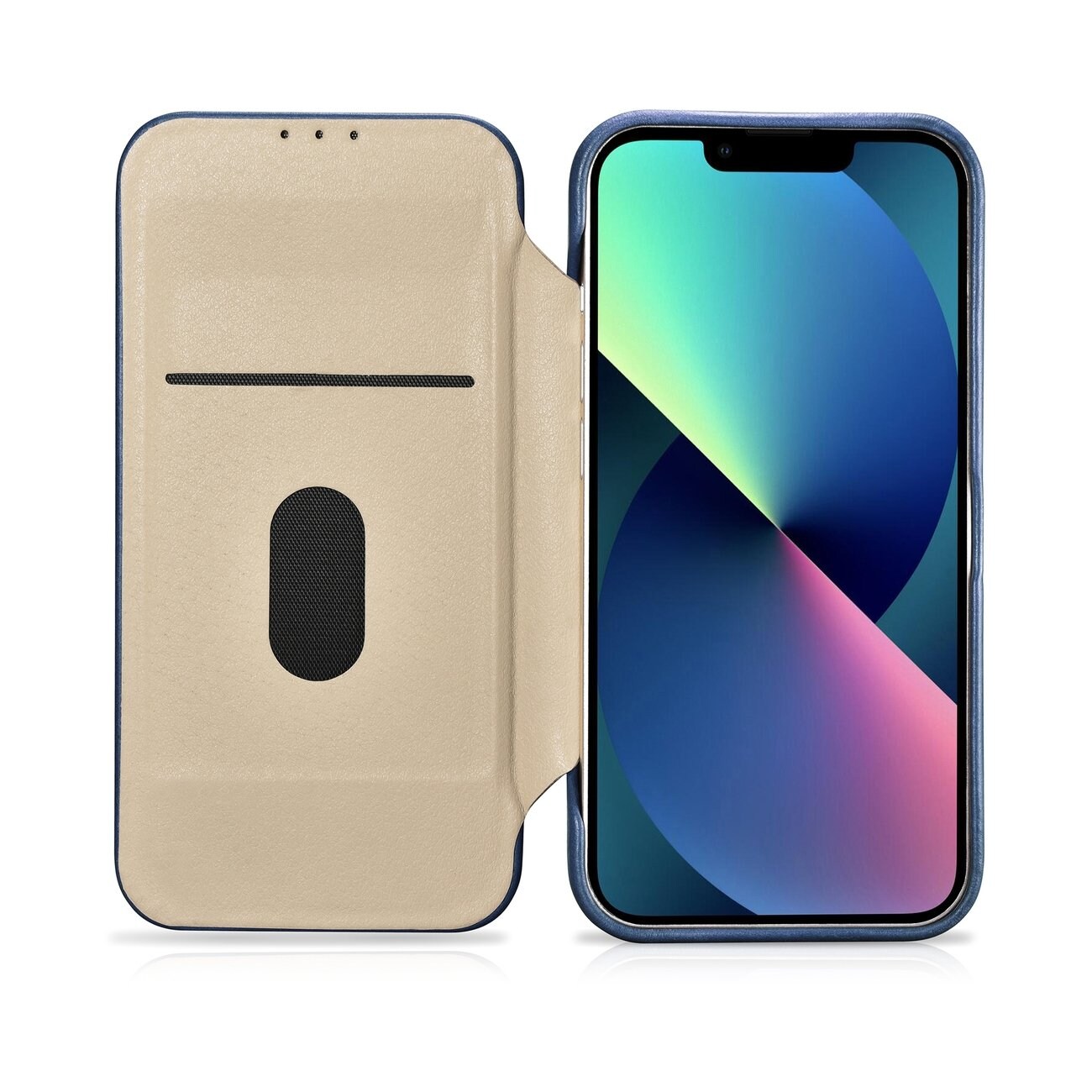 iCarer CE Öljyvaha Premium Nahka Folio Case iPhone 14 Plus magneettinen MagSafe flip sininen