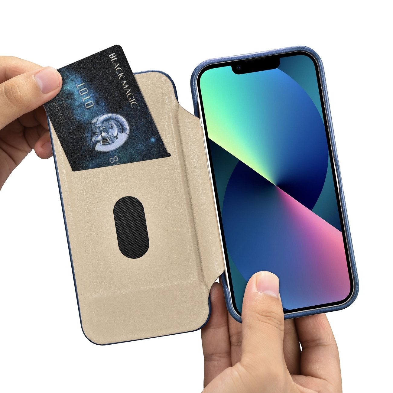 iCarer CE Öljyvaha Premium Nahka Folio Case iPhone 14 Plus magneettinen MagSafe flip sininen