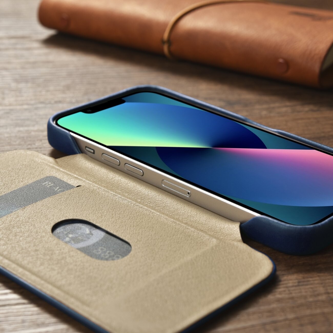 iCarer CE Öljyvaha Premium Nahka Folio Case iPhone 14 Plus magneettinen MagSafe flip sininen