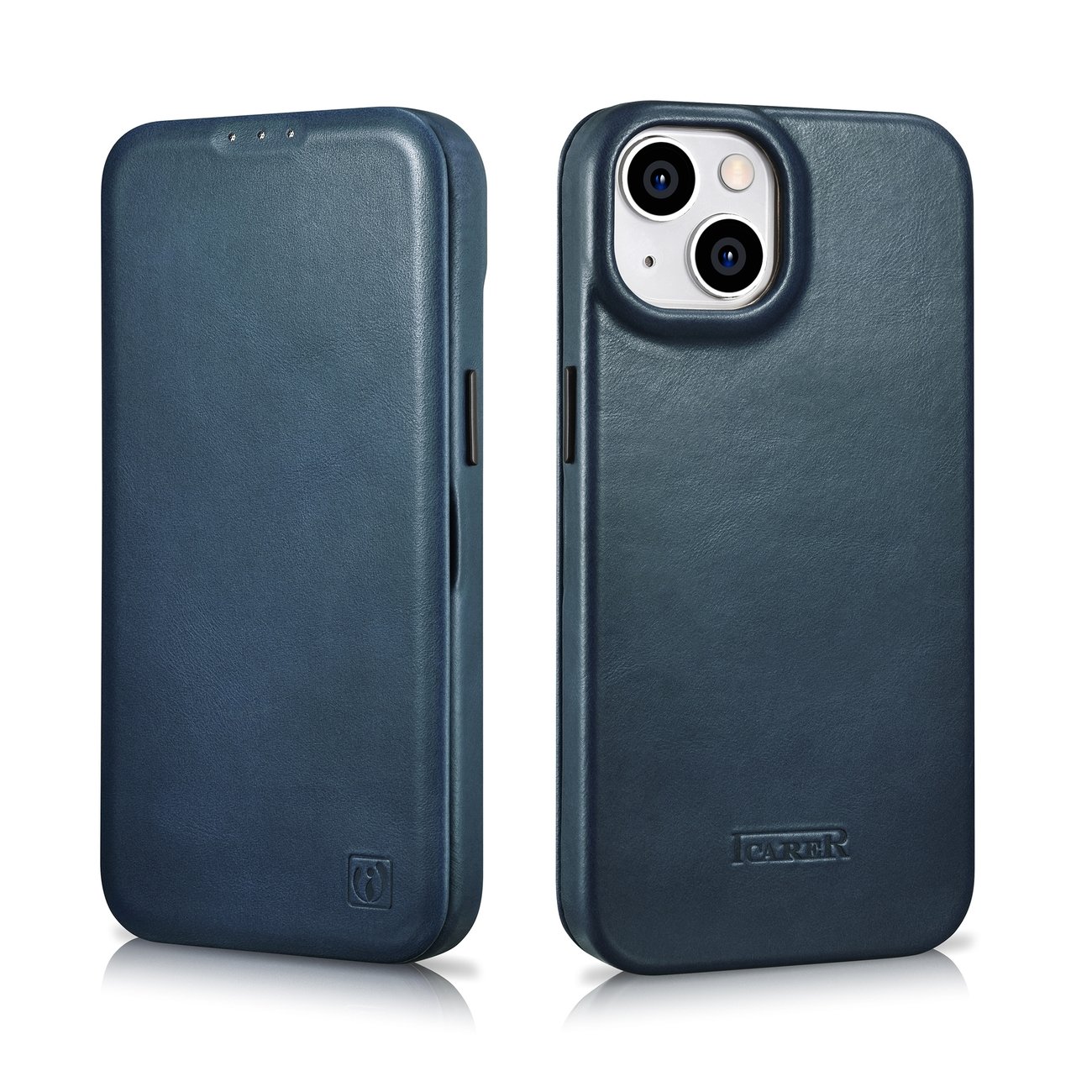 iCarer CE Öljyvaha Premium Nahka Folio Case iPhone 14 Plus magneettinen MagSafe flip sininen
