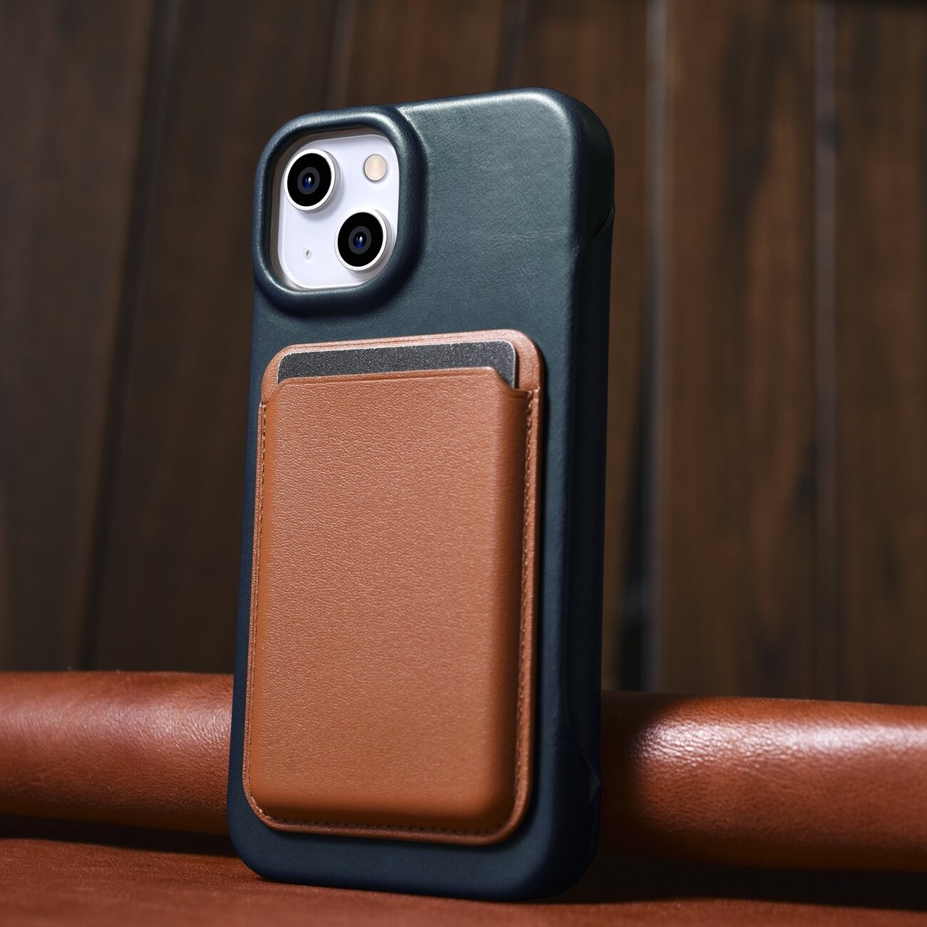 iCarer CE Öljyvaha Premium Nahka Folio Case iPhone 14 Plus magneettinen MagSafe flip sininen