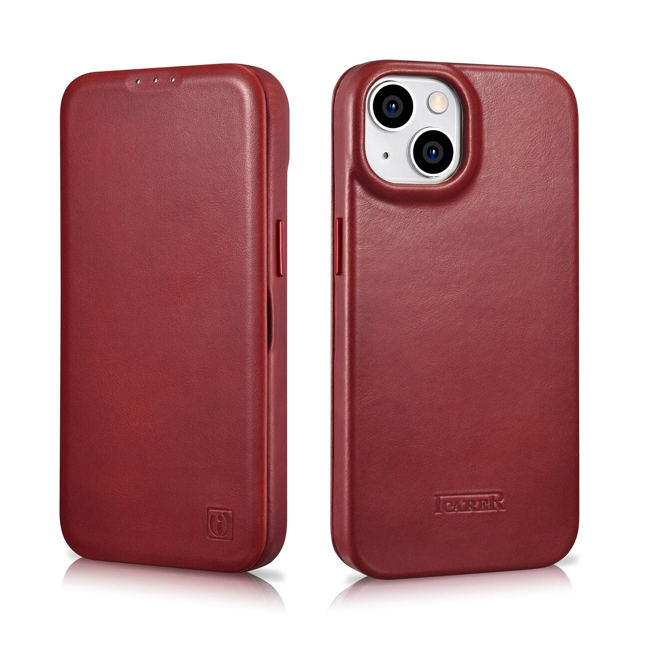 iCarer Premium Nahka Folio Case iPhone 14 Plus Magneettinen Flip MagSafe Punainen (AKI14220707-RD)