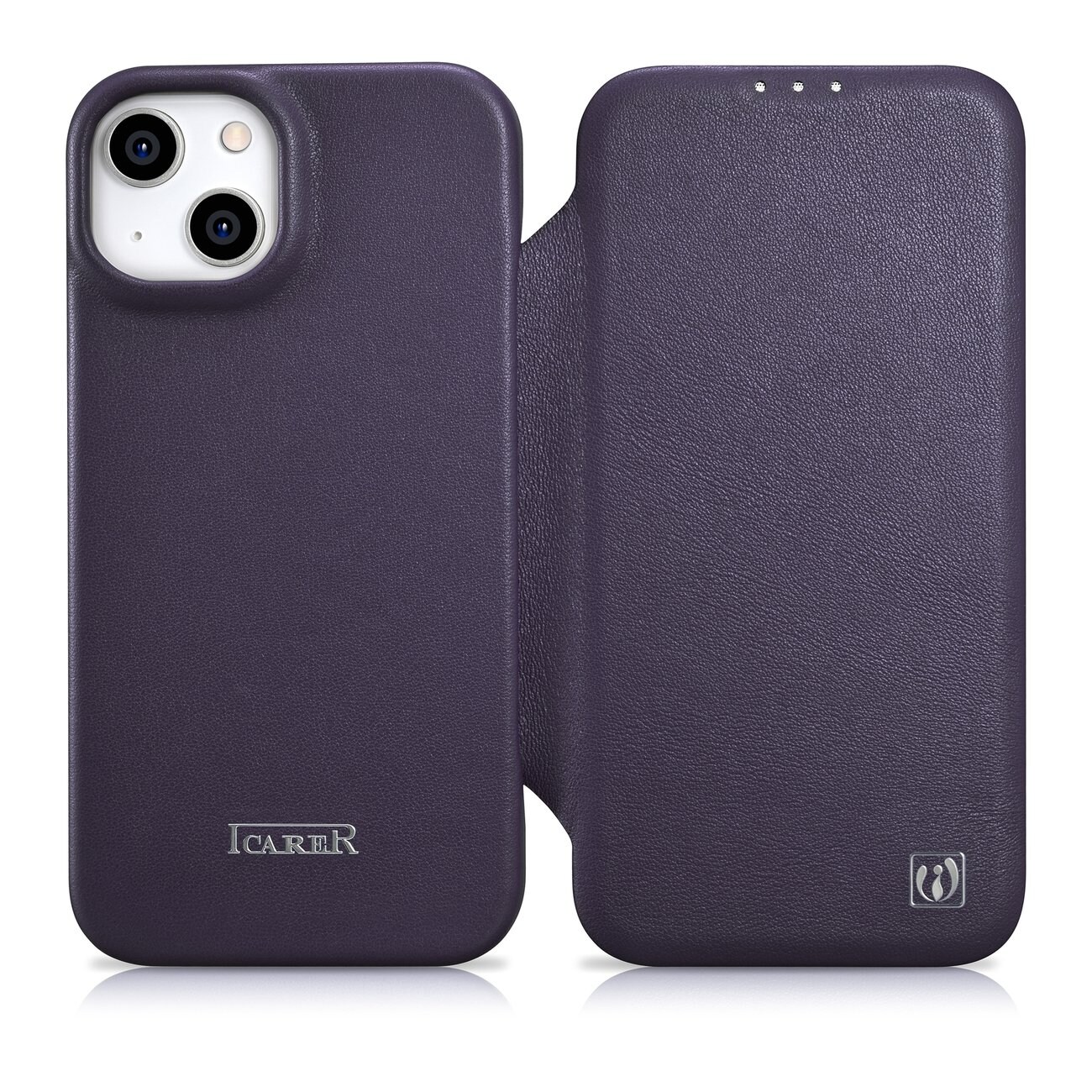 iCarer CE Premium Nahka Folio Case iPhone 14 Plus Magneettinen Flip MagSafe Tumman violetti