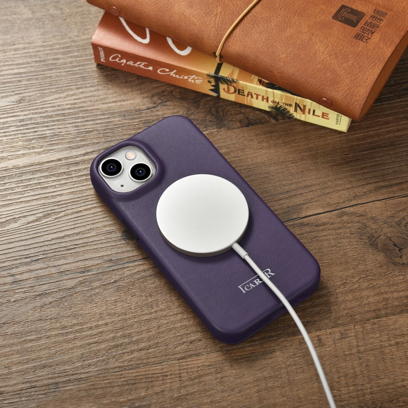 iCarer CE Premium Nahka Folio Case iPhone 14 Plus Magneettinen Flip MagSafe Tumman violetti