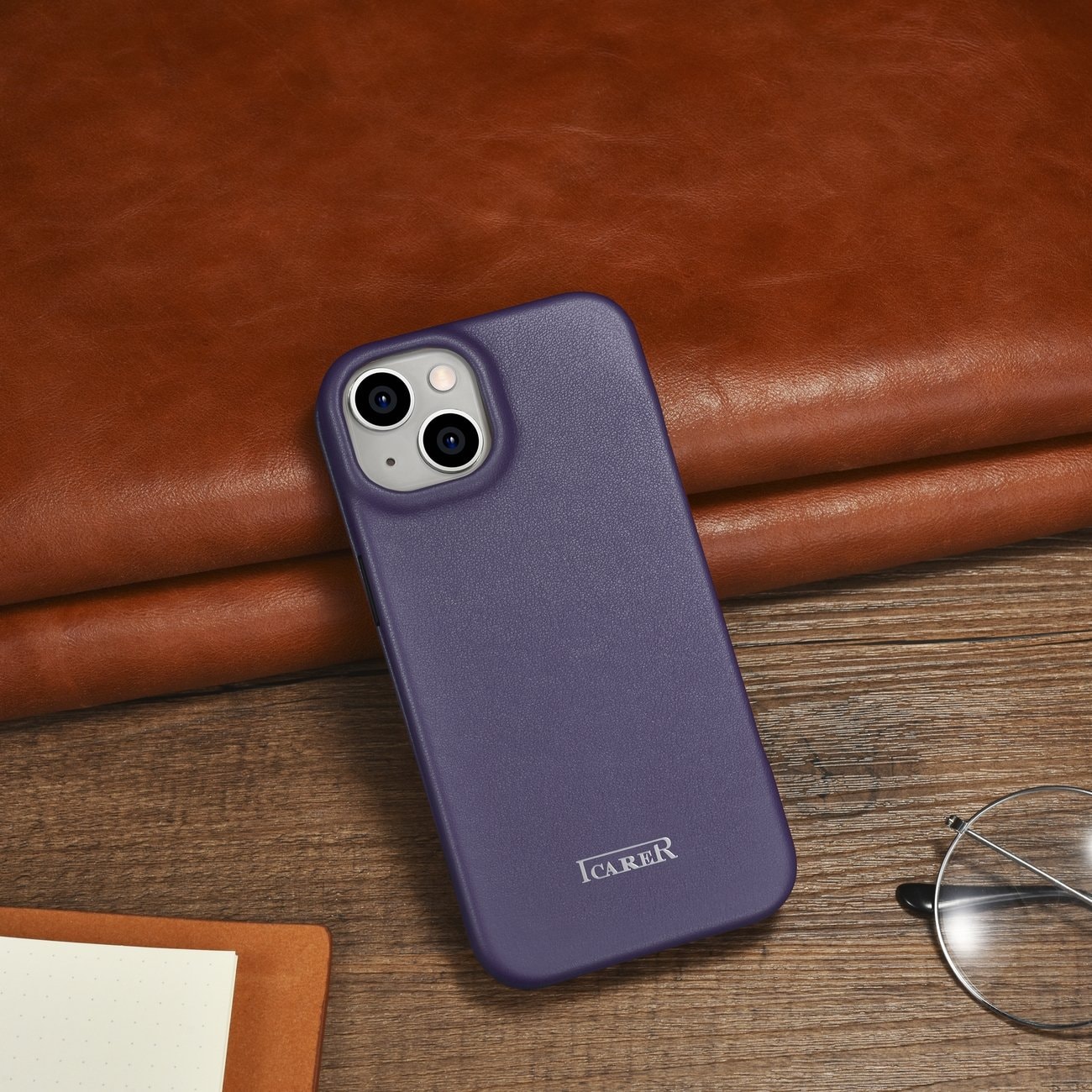 iCarer CE Premium Nahka Folio Case iPhone 14 Plus Magneettinen Flip MagSafe Tumman violetti