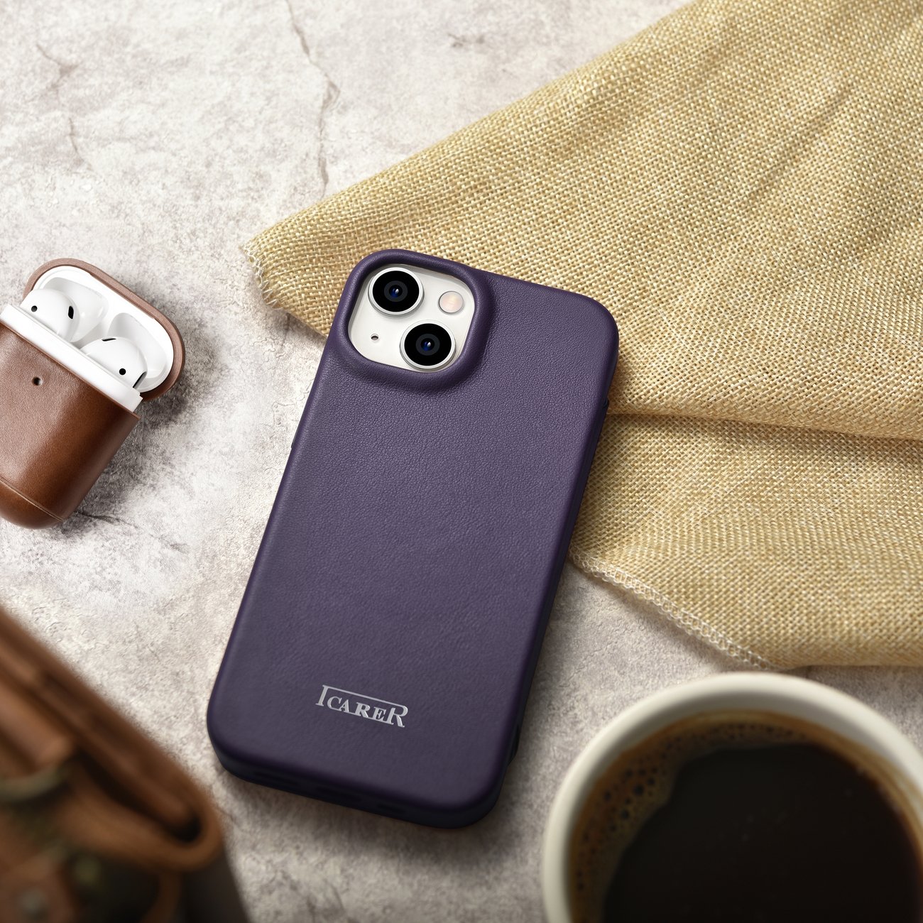 iCarer CE Premium Nahka Folio Case iPhone 14 Plus Magneettinen Flip MagSafe Tumman violetti