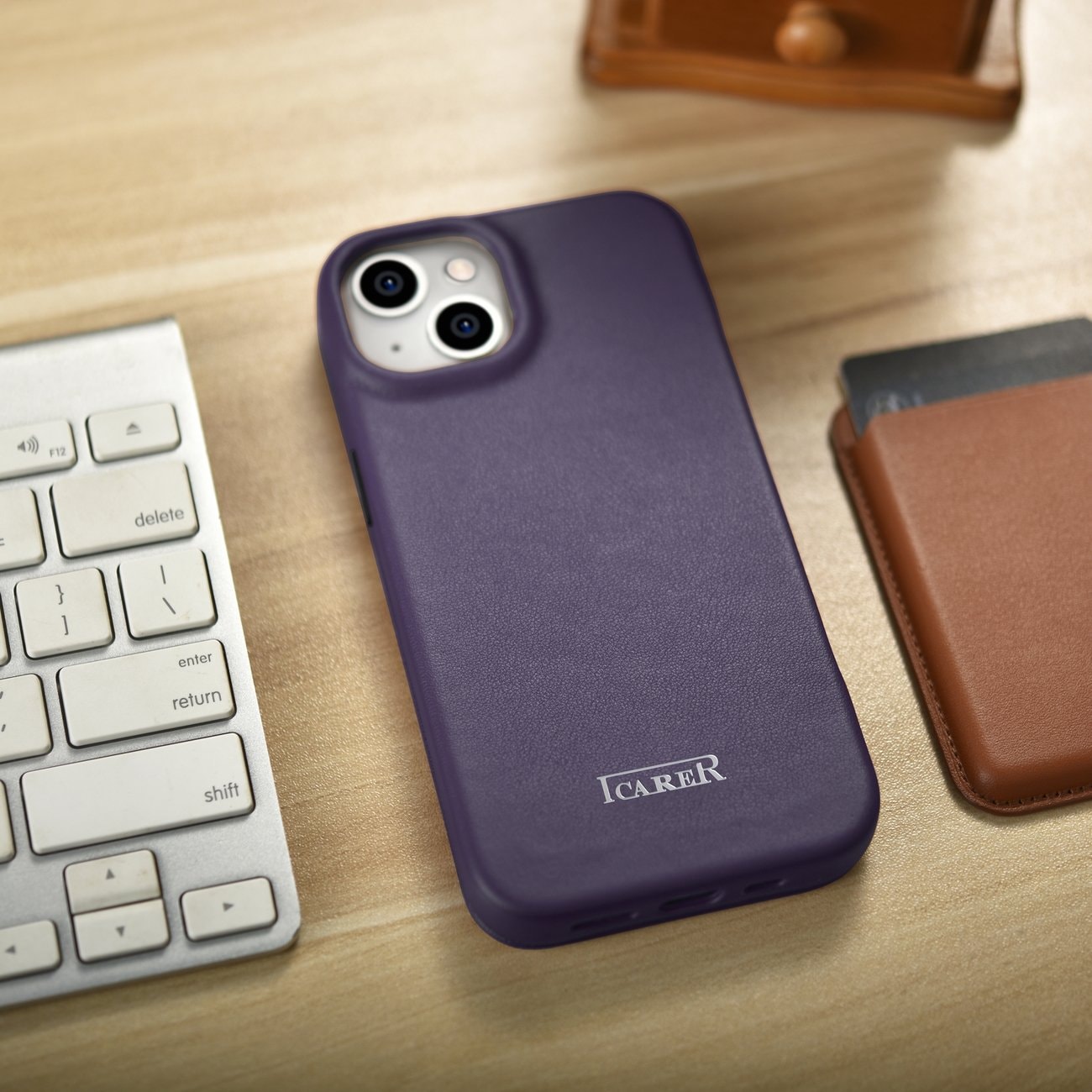 iCarer CE Premium Nahka Folio Case iPhone 14 Plus Magneettinen Flip MagSafe Tumman violetti