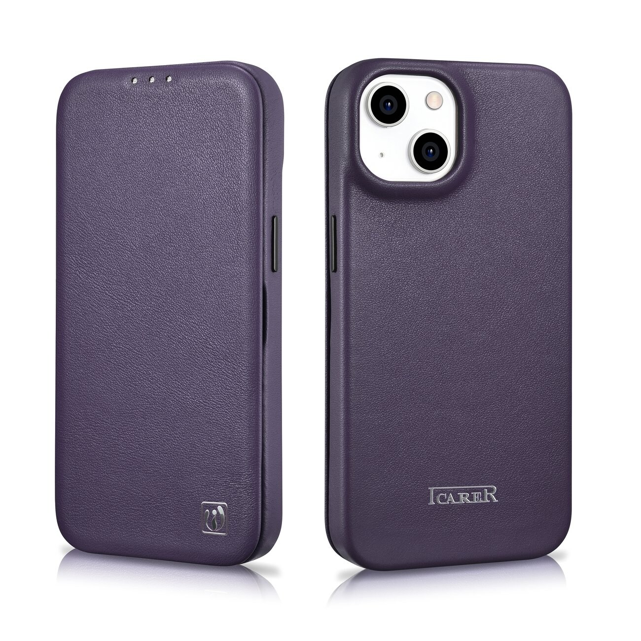 iCarer CE Premium Nahka Folio Case iPhone 14 Plus Magneettinen Flip MagSafe Tumman violetti