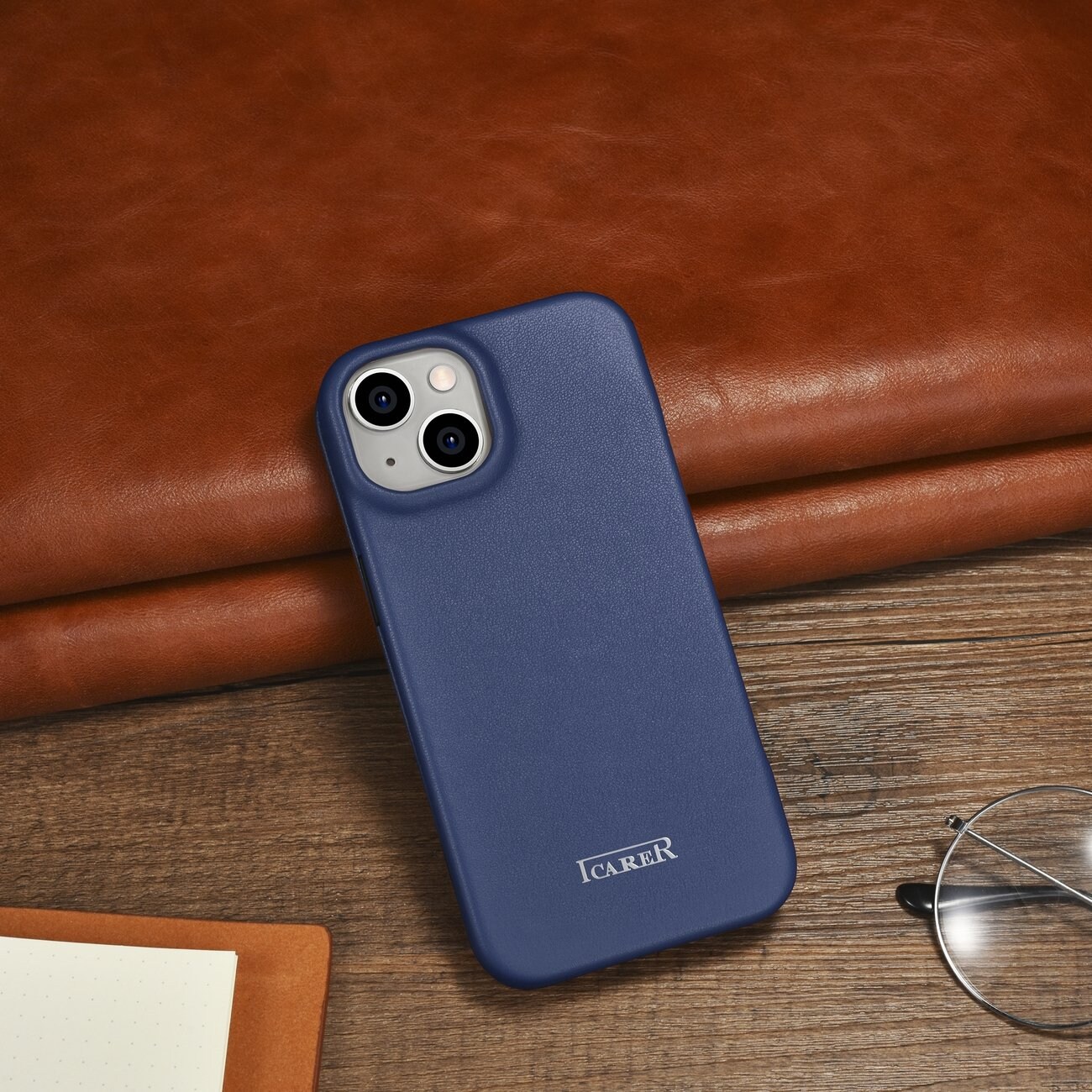 iCarer CE Premium Nahka Folio Case for iPhone 14 Plus, Magneettinen Flip, MagSafe, Blue