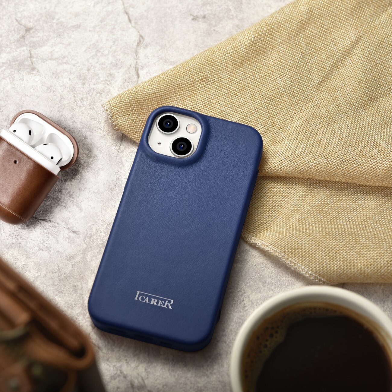 iCarer CE Premium Nahka Folio Case for iPhone 14 Plus, Magneettinen Flip, MagSafe, Blue